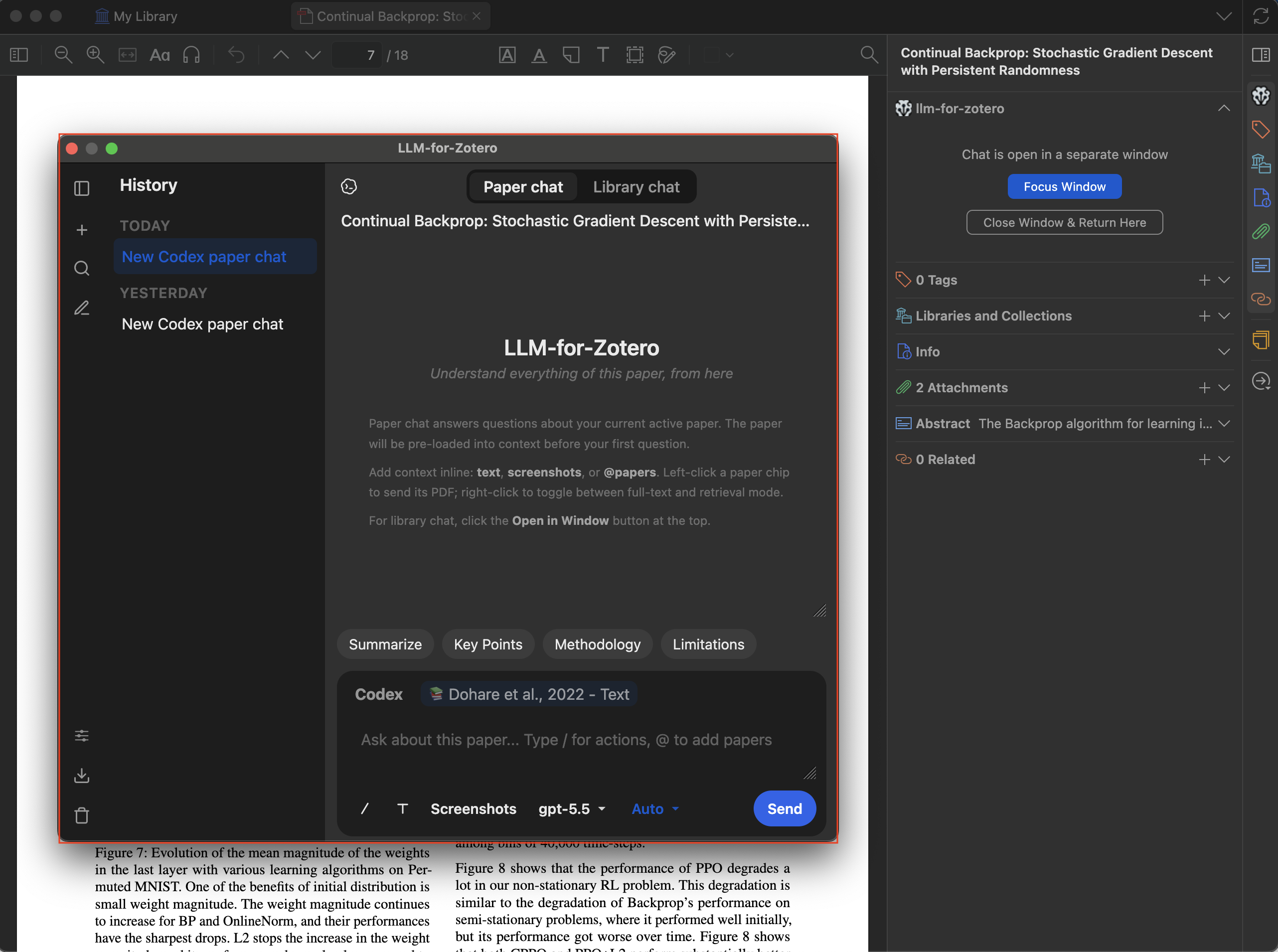 llm-for-zotero 助手在 Zotero 中的第二张截图