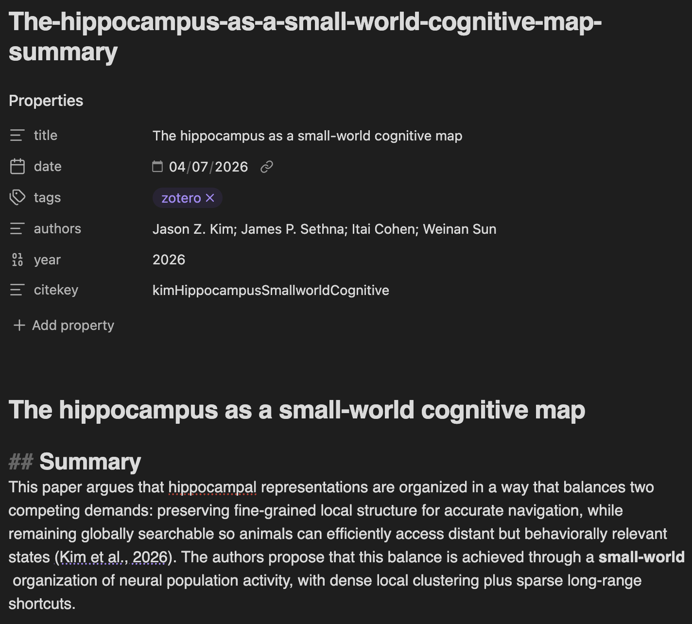 A Zotero paper note in Obsidian