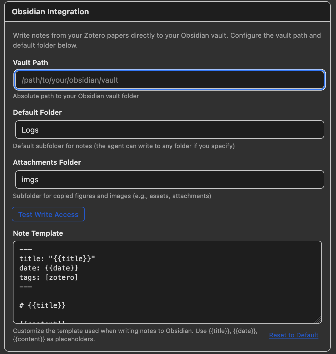 Obsidian Integration settings