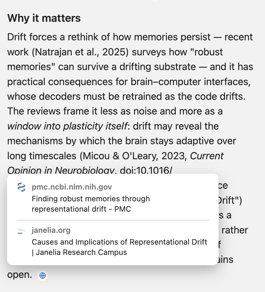 An Agent answer with source cards attached to a paragraph, showing site favicons, organizations, titles, and links