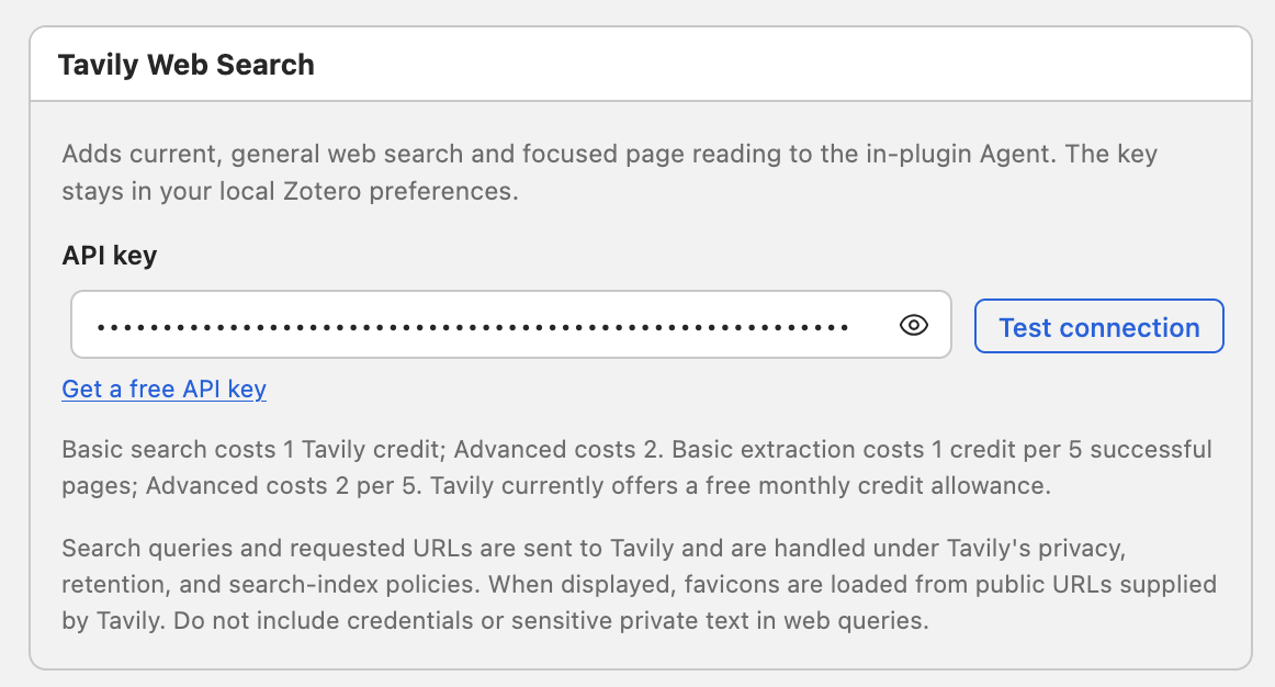 Tavily Web Search settings with an API key field, connection test, credit information, and privacy notice
