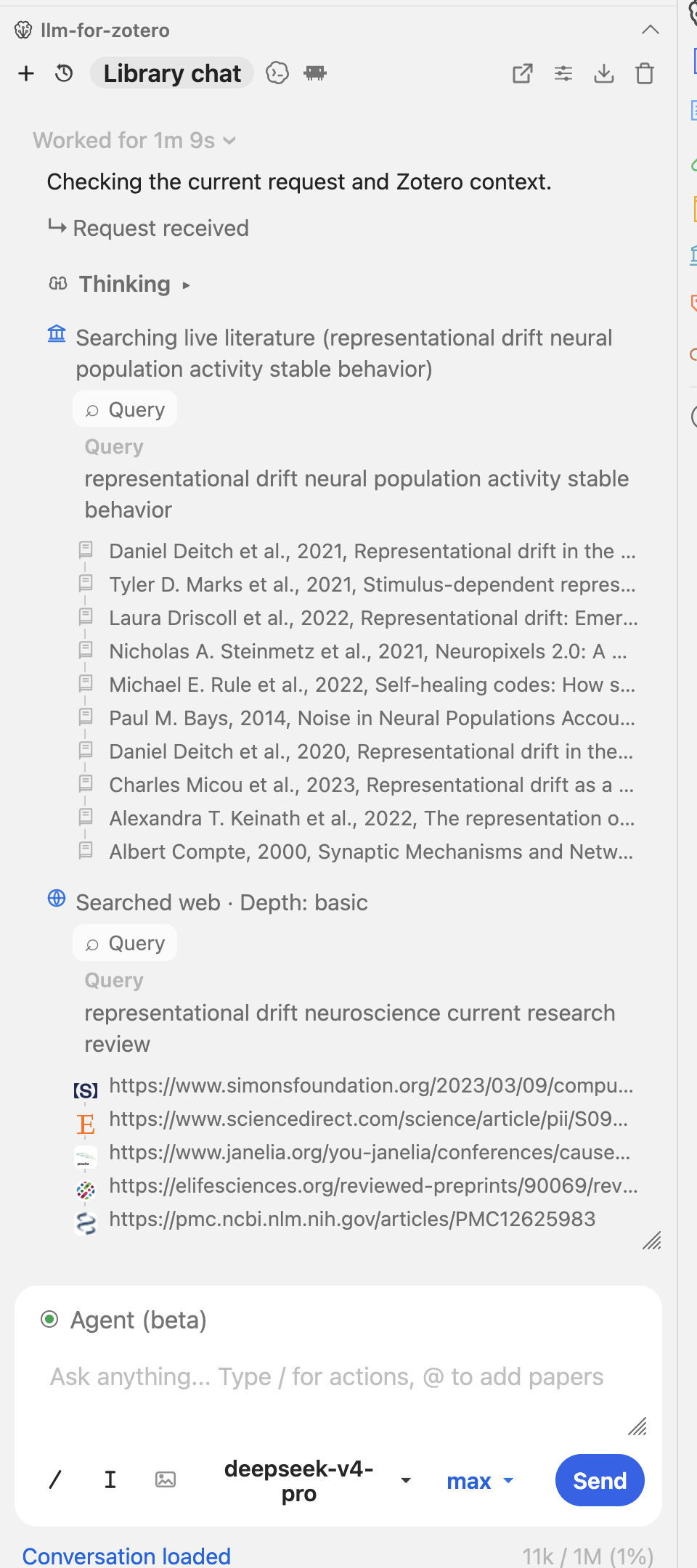Agent activity trace showing a live literature search followed by a separate general web search