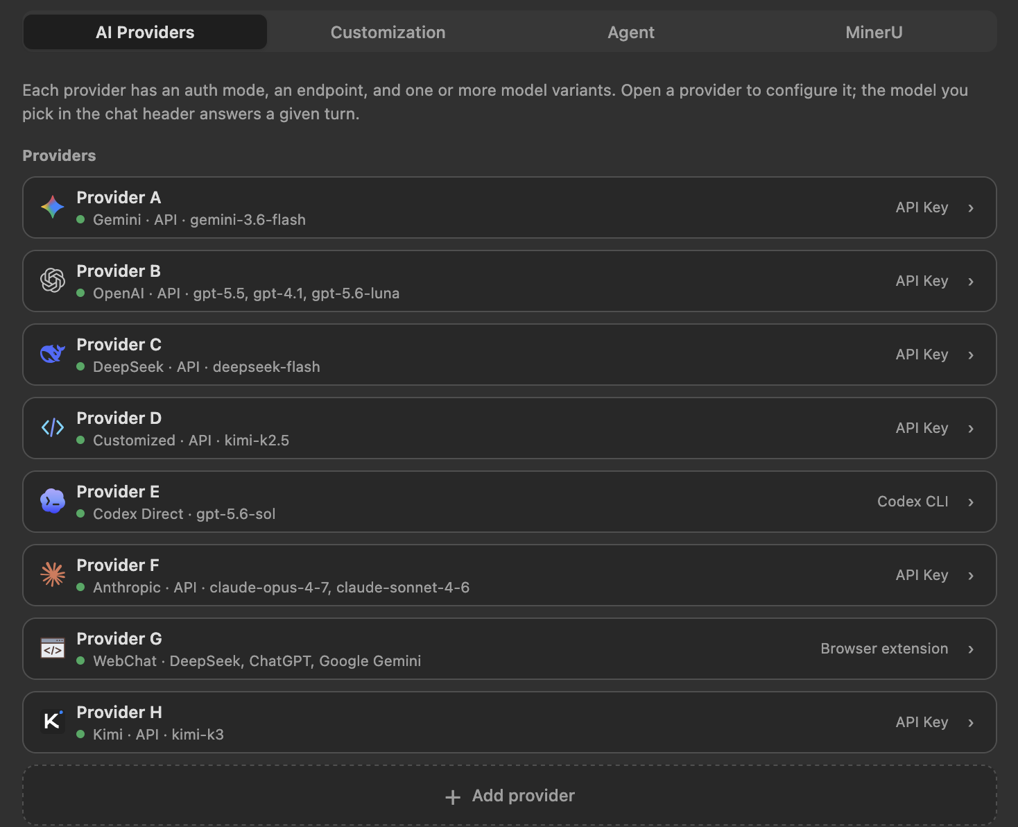 AI Providers 设置页面显示 API、Codex CLI 和浏览器扩展接入路径,包括支持 DeepSeek、ChatGPT 和 Google Gemini 的 WebChat